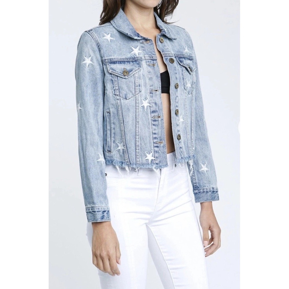 Pistola Brando Star Embroidered Denim Jacket Zodiac Wash Sz L S Raw Hem Cropped